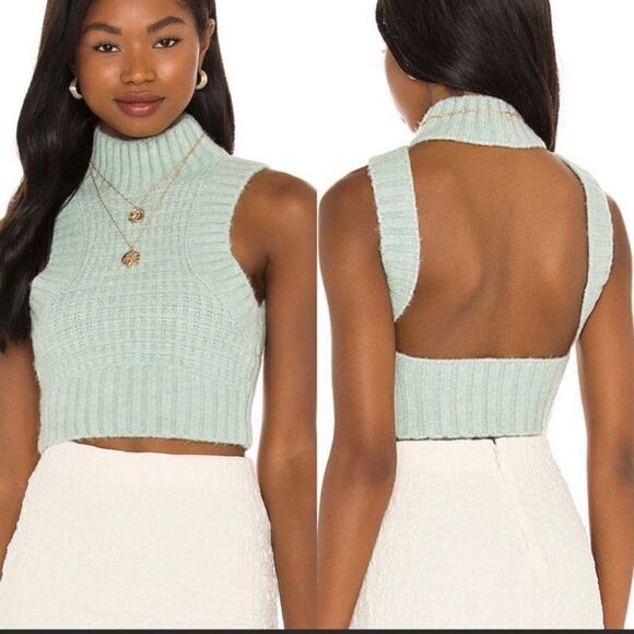 For Love & Lemons Dominique Crop Sweater Tank Green Large Open Back NWT - Picture 1 of 8